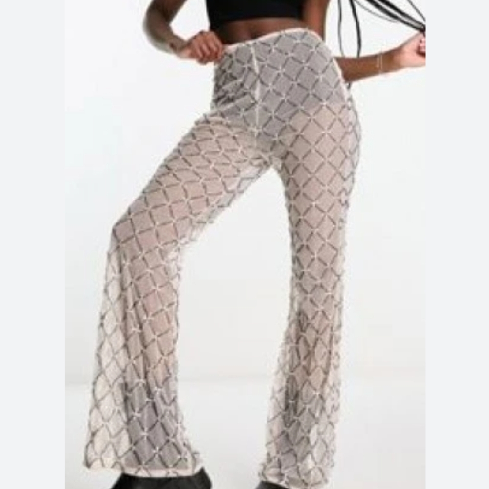 NWT SET ASOS Design Feather Trim Corset Crop Top & Diamante Mesh Flare Pant 6 US - Picture 5 of 11